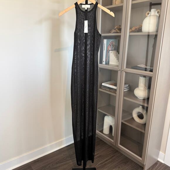 Fleur De Mal  Sheer Racerback Midi Dress NEW Black Silver Metallic Shimmer NWT S - Picture 2 of 7